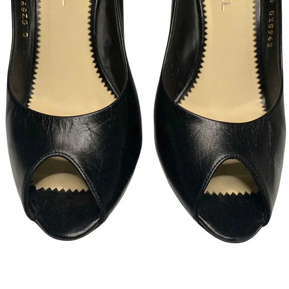 Chanel Interlocking CC Logo Black Leather Pumps EU 37 US 6-6.5 Pearl High Heels